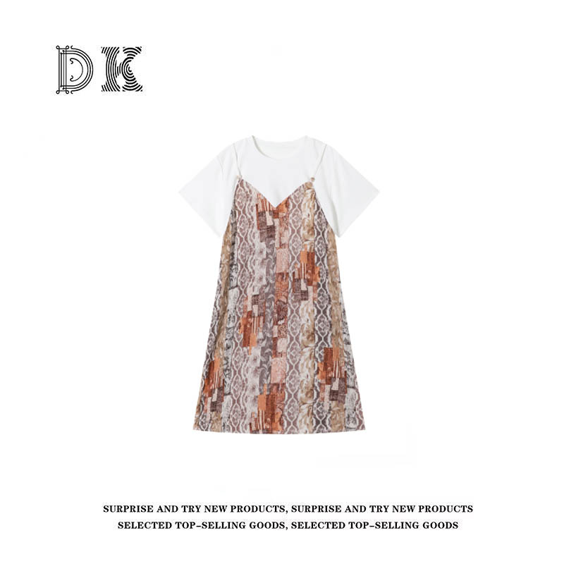 DK 2025女装 法式吊带假两件民族风印花圆领短袖连衣裙 56259