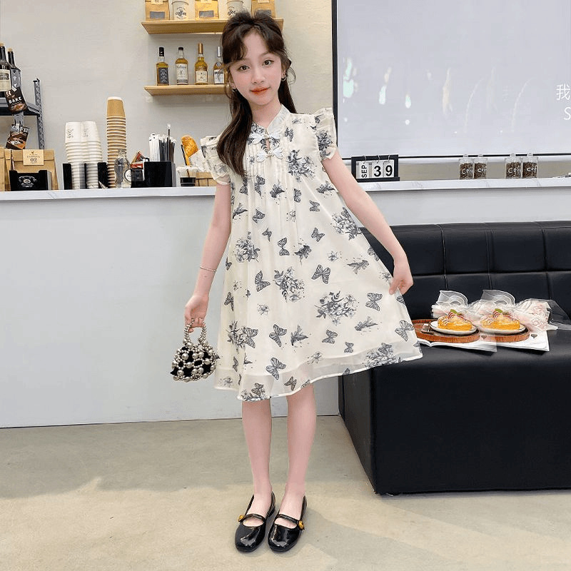 女童夏季新款连衣裙中国风新中式盘扣水墨画印花小飞袖公主裙