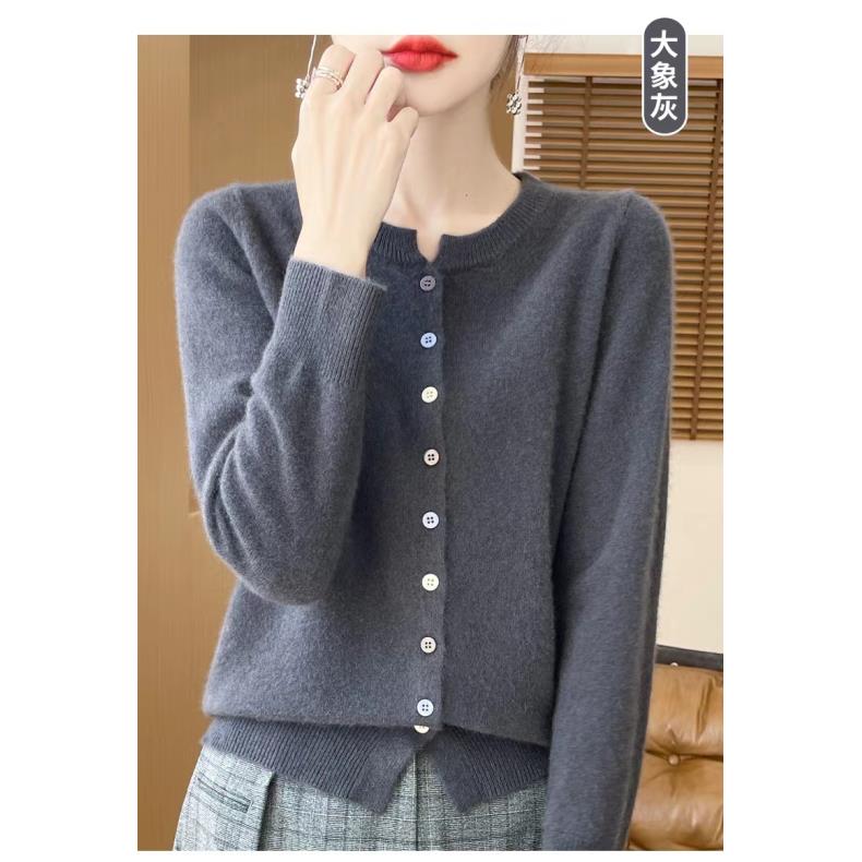 100%冬美丽诺纯羊毛圆领开衫宽松气质百搭时尚针织D337