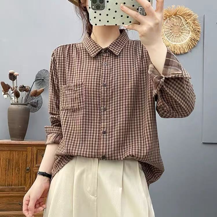 格子双层棉纱衬衫女长袖新款小众复古文艺宽松百搭洋气衬衣外套