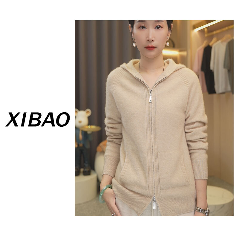 【100%纯山羊绒】一线成衣带兜拉链帽衫宽松百搭针织衫XWY018