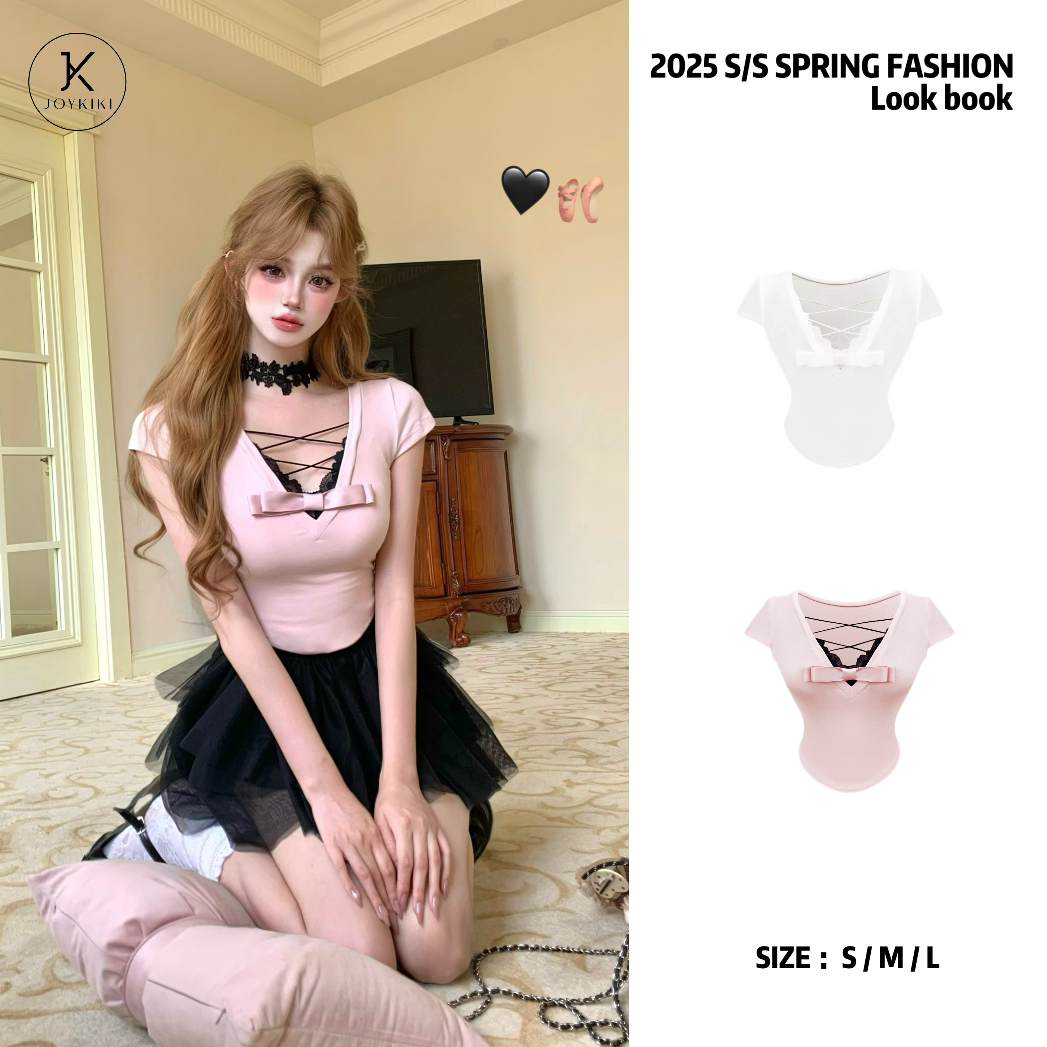 JOY KIKI清清!【茶艺猎手】夏季甜妹少女弹力蕾丝蝴蝶结上衣J25B048