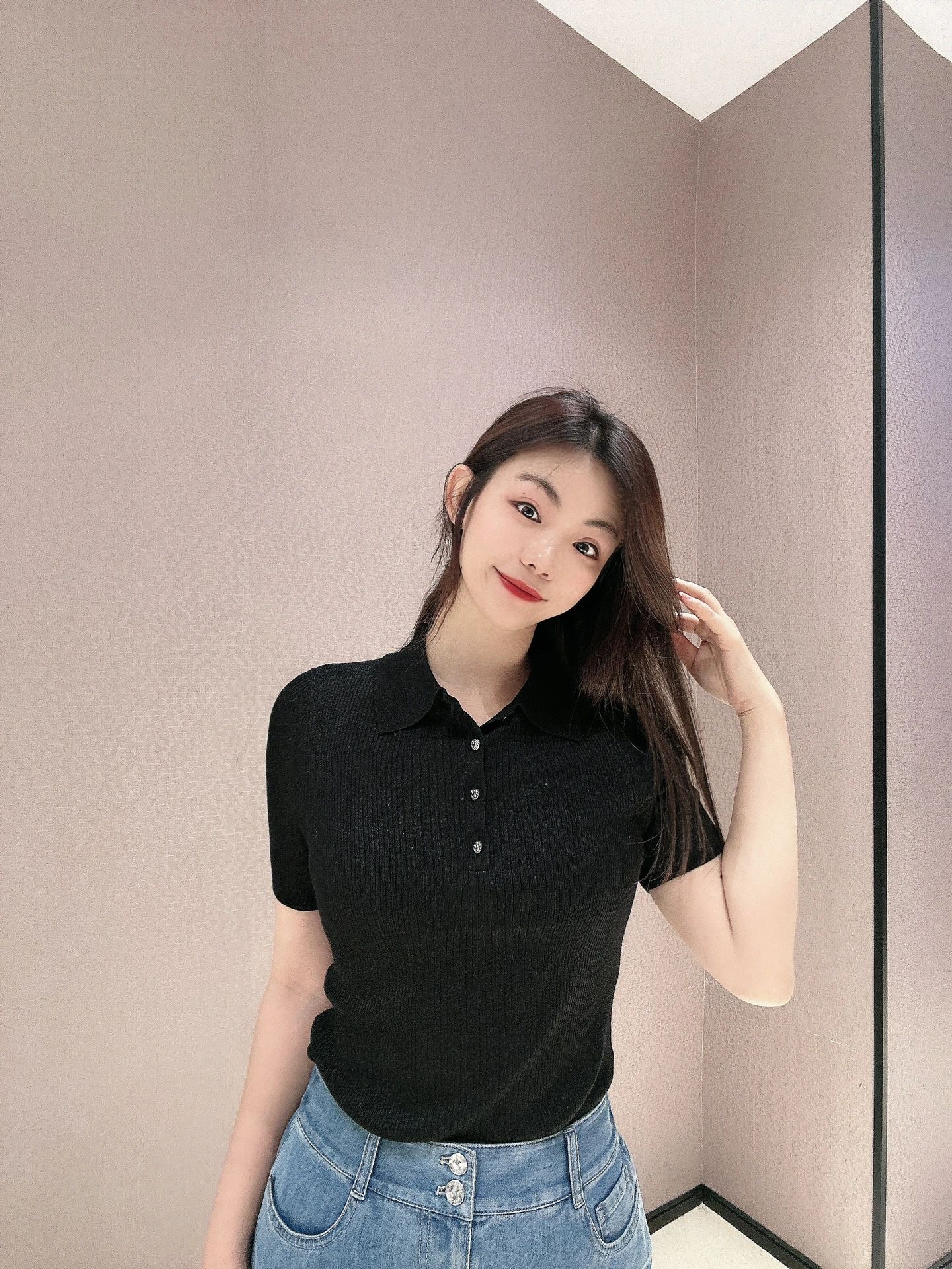 依衣哥家1399606亮丝POLO领针织T恤衫