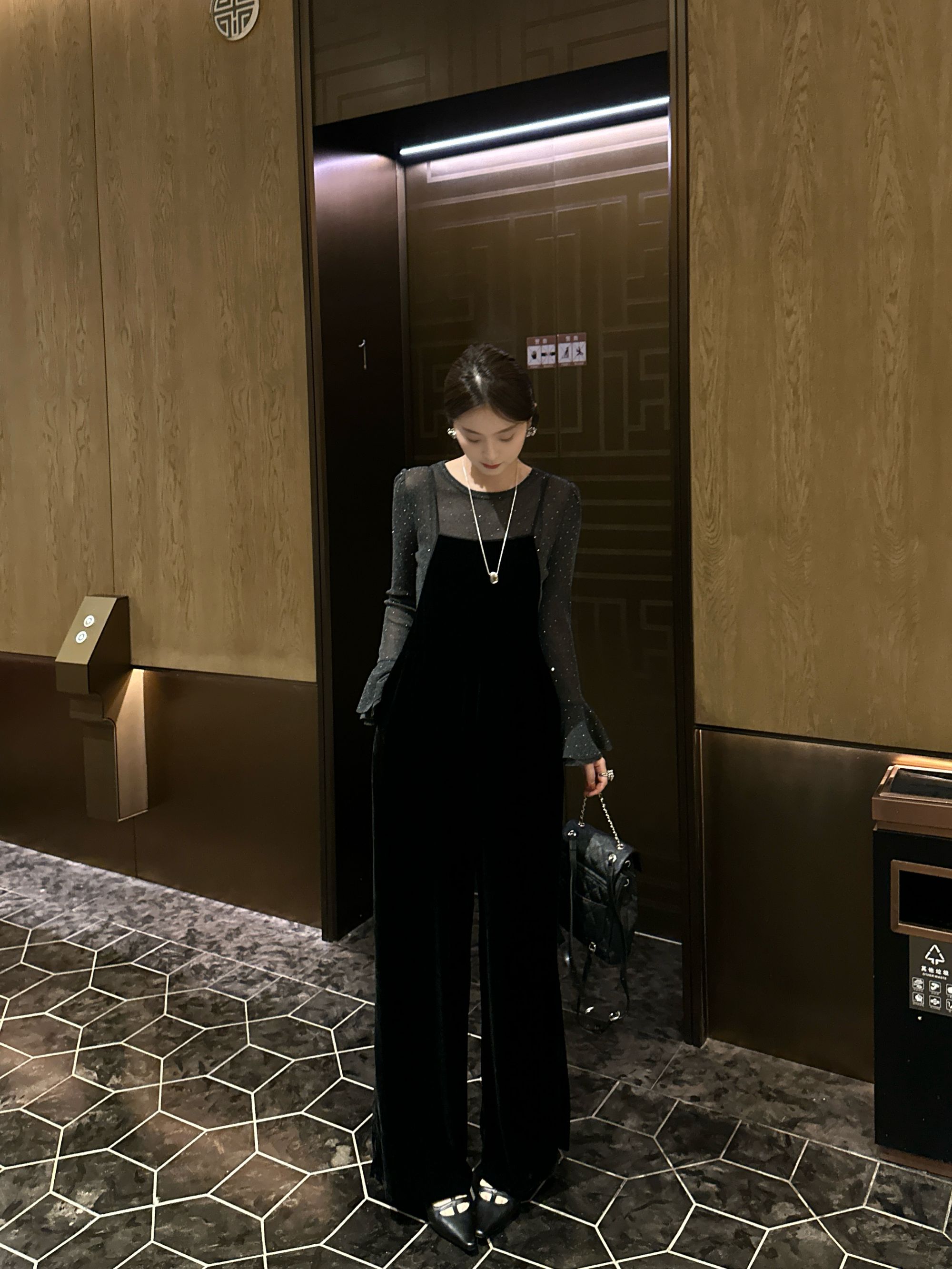 R123301W休闲裤高腰复古设计感针织背带法式长裤阔腿裤小众