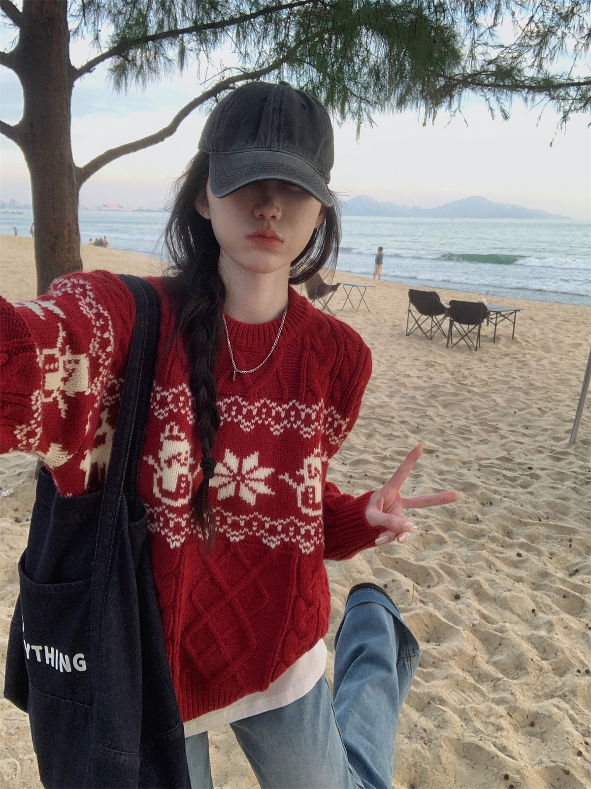 费尔岛圣诞雪人提花套头毛衣女2025新款慵懒风宽松显瘦保暖针织衫