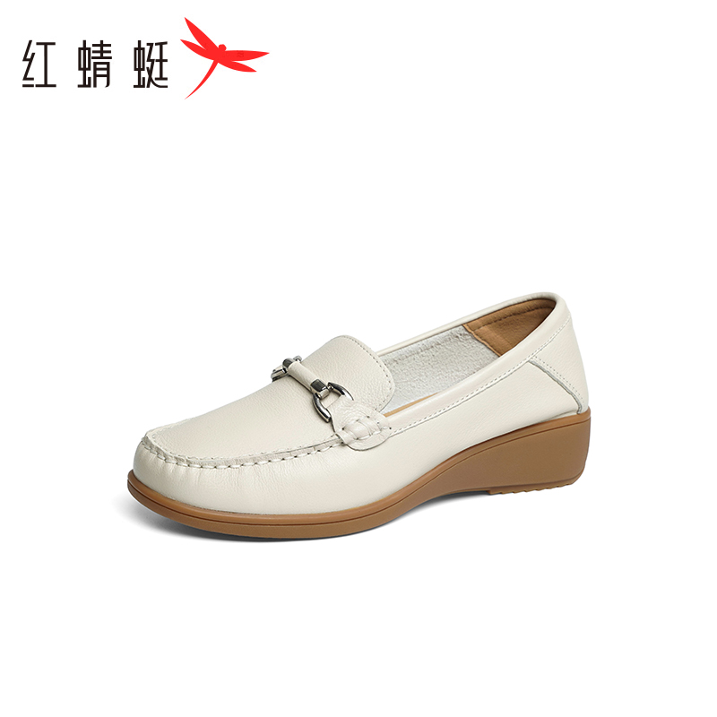 红蜻蜓皮鞋女款妈妈鞋2025新款一脚蹬真皮女鞋软底中老年坡跟单鞋
