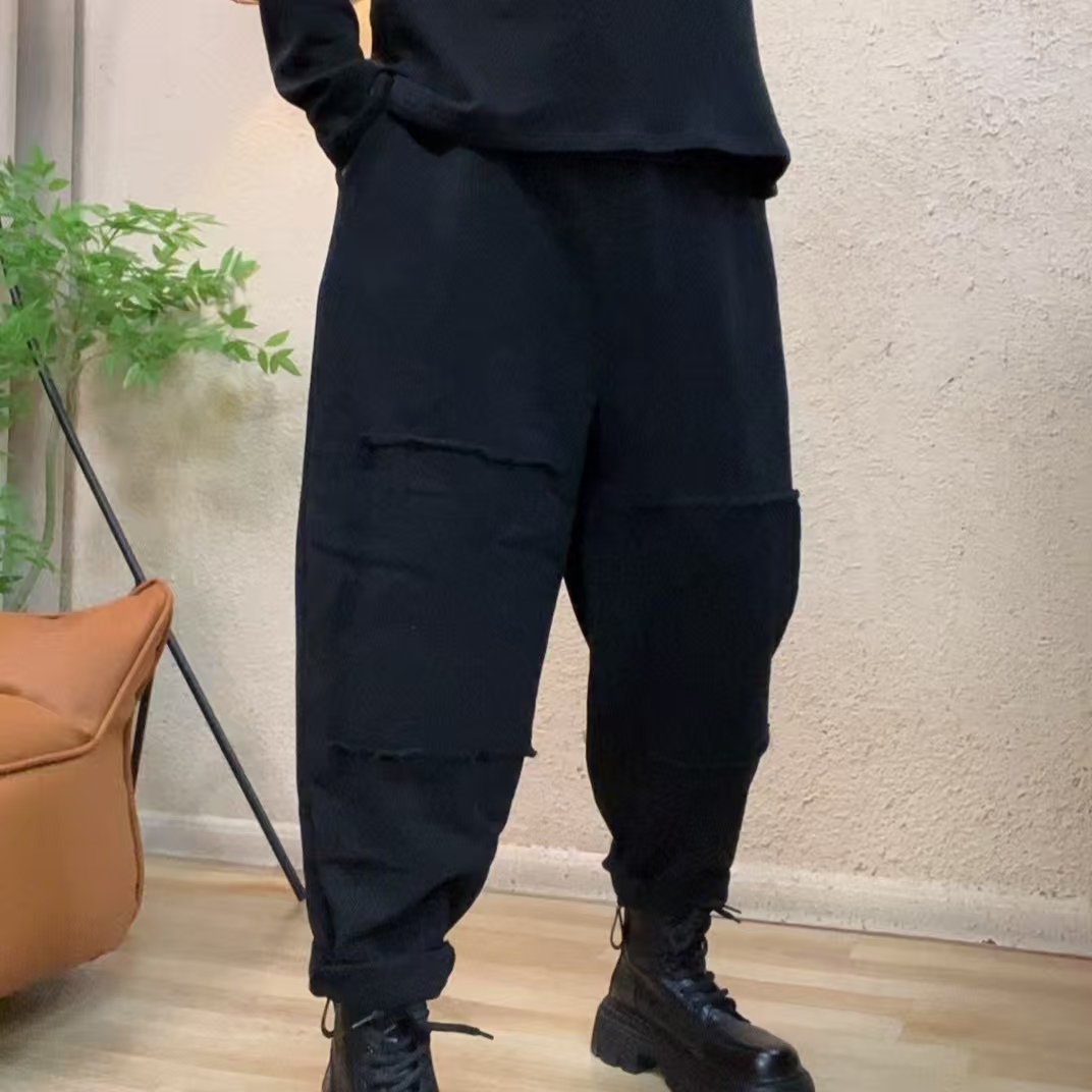 8890膝盖毛边贴布百纳休闲加绒卫裤