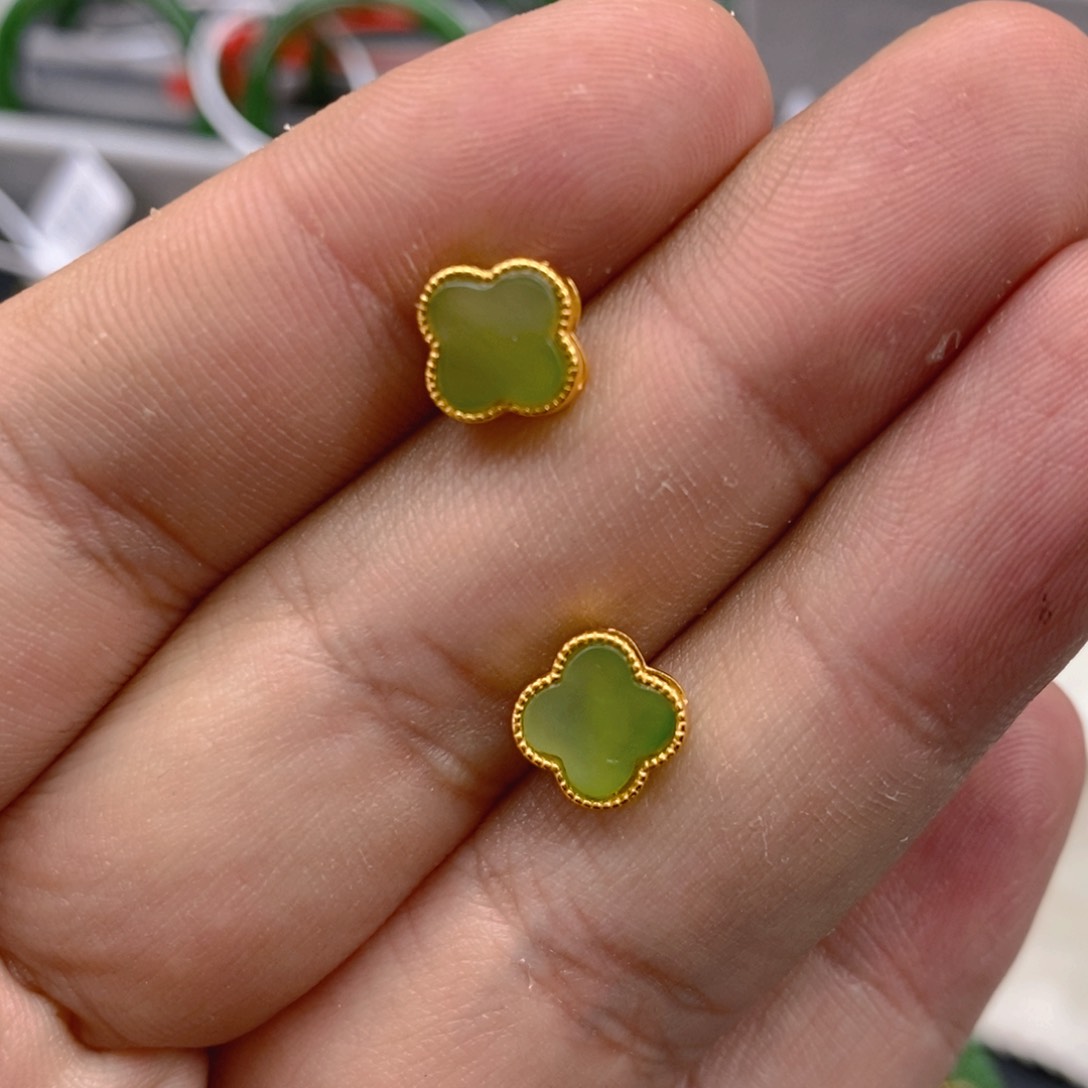 和田玉（碧玉）耳饰银S925镀金镶嵌