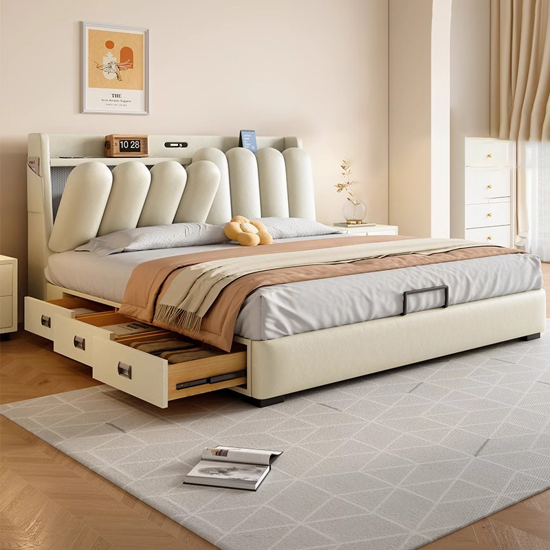 真皮床现代简约轻奢大床双人床主卧高端北欧风新款皮艺床软包婚床