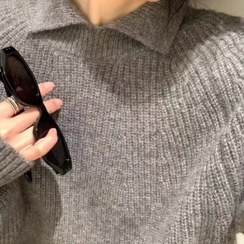 2025长袖针织短款休闲高领时尚宽松秋冬套头洋气翻领百搭加厚方领