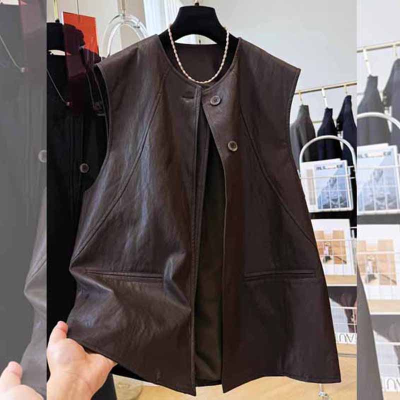 港风复古春秋季新款圆领无袖皮马夹女高级感大码叠穿宽松马甲外套