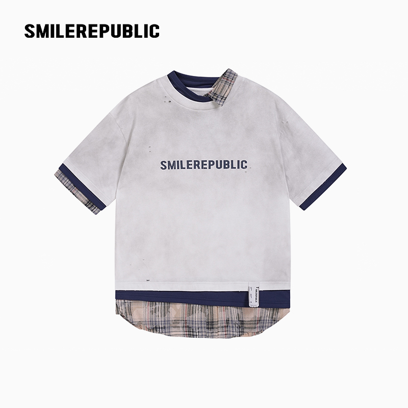 smilerepublic 做旧洗水拼接T恤百搭休闲舒适情侣时尚潮流