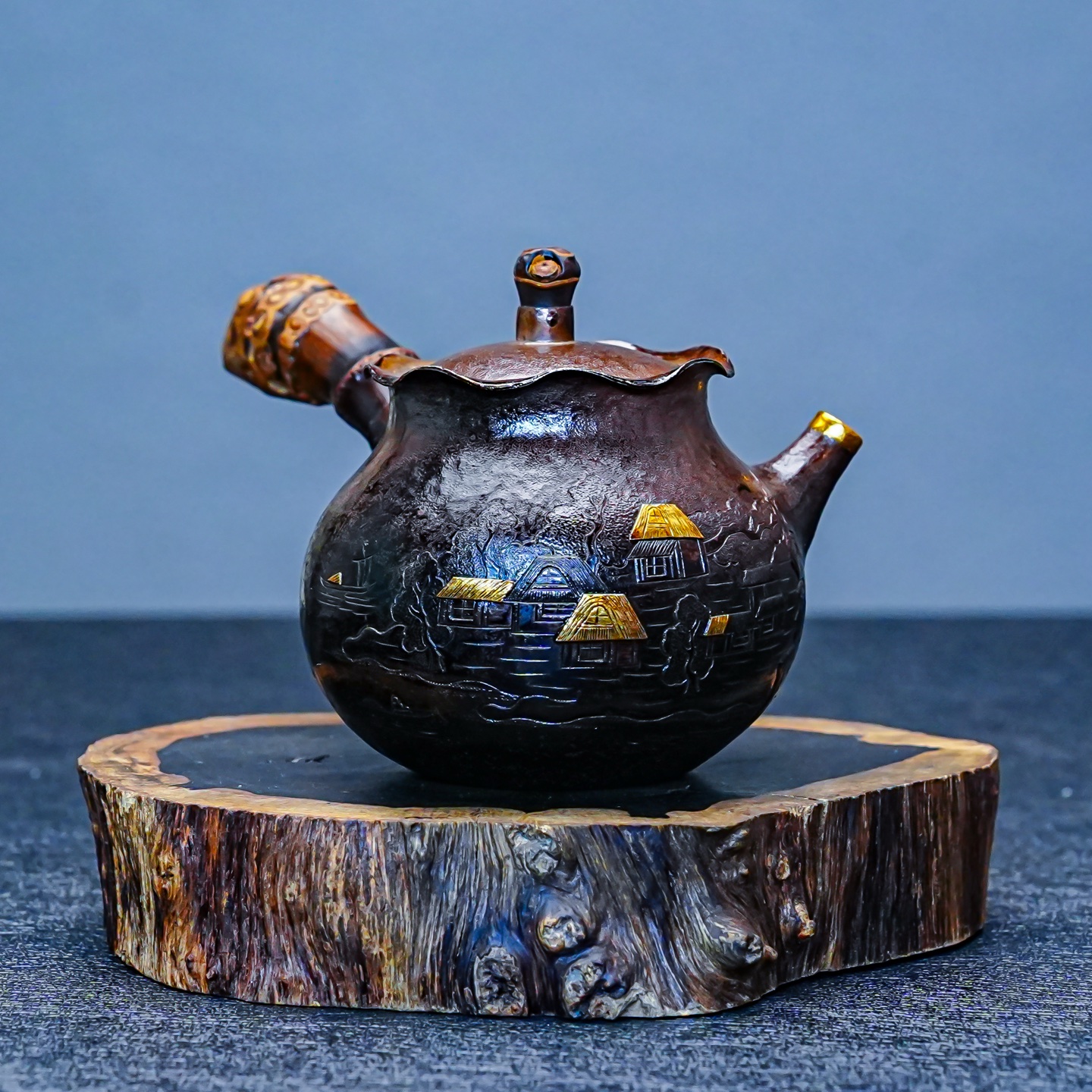 【慕雨手作】洪金鸿制嵌金山水侧把执壶家用银壶足银999银茶具     