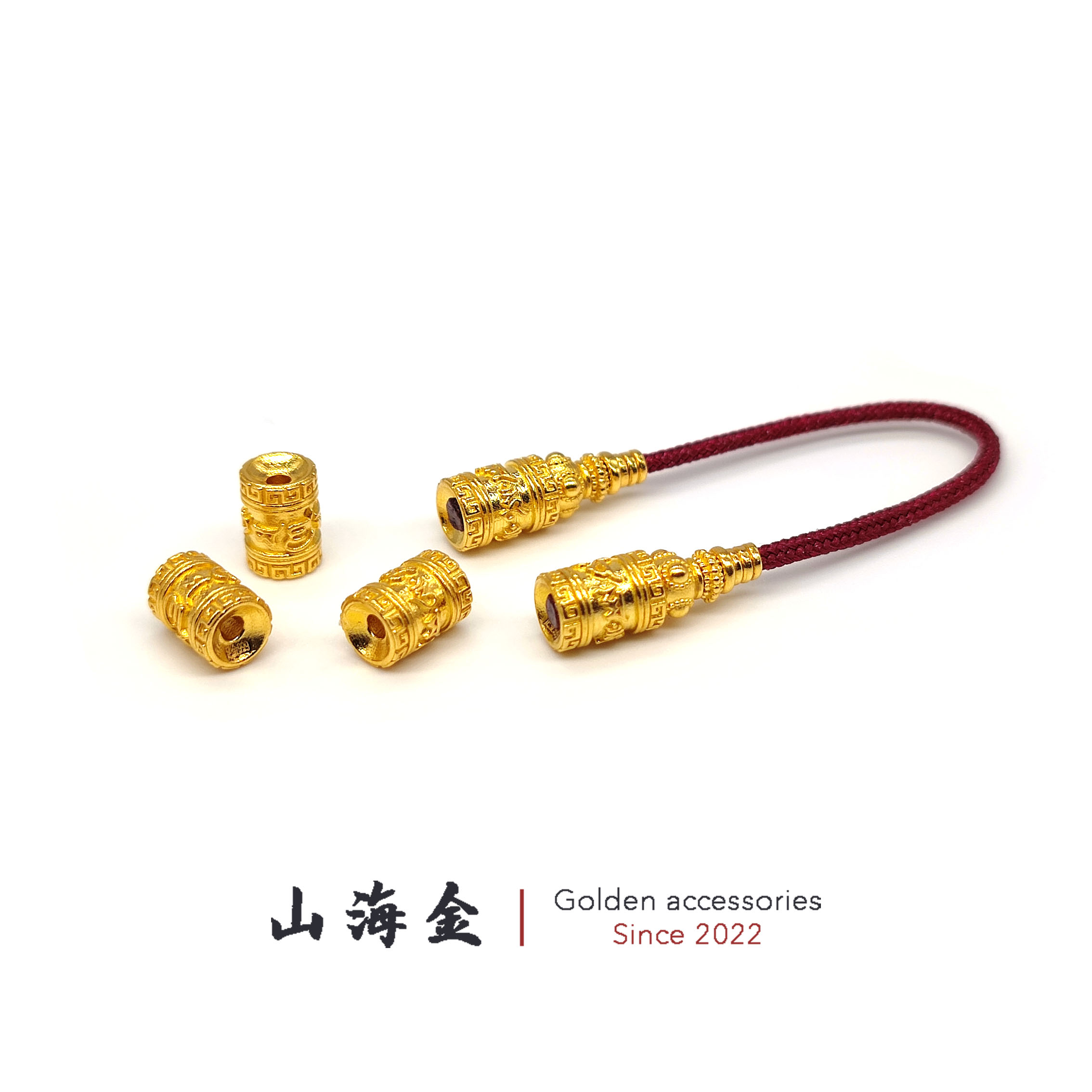 山海金 24K黄金999足金六字箴言弟子珠尾缀桶珠文玩手串配饰
