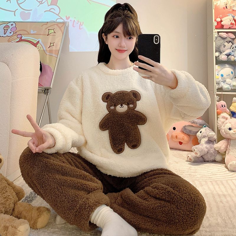 半边绒睡衣女冬季休闲长袖长裤加肥大码220斤家居服外穿