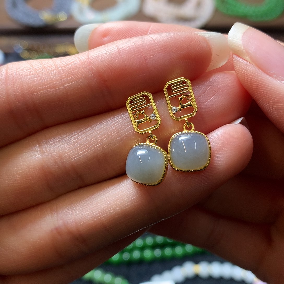 和田玉耳饰银S925镶嵌