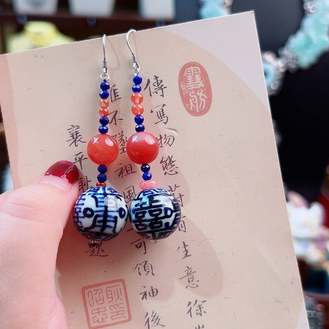 银S925镶嵌玛瑙挂件耳环