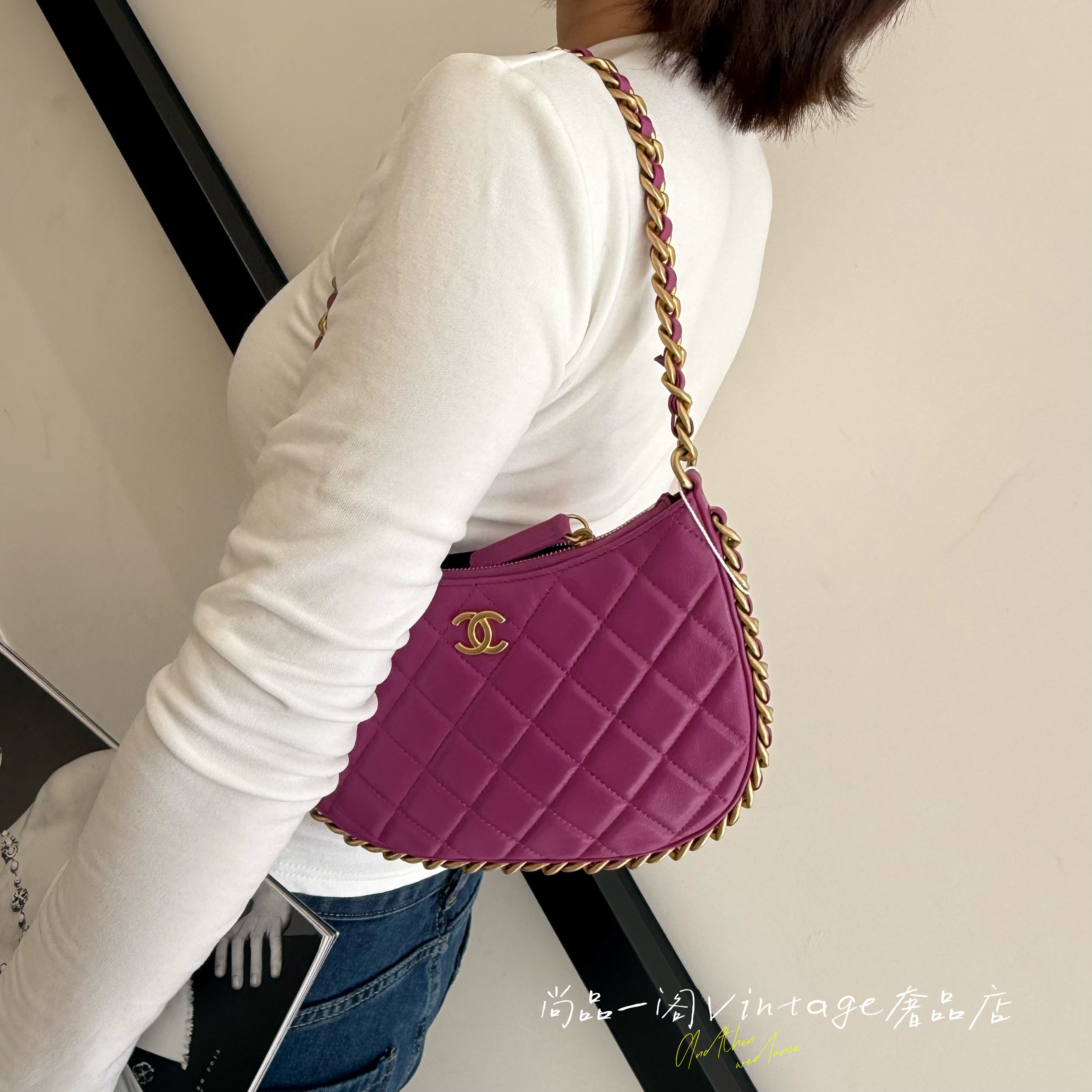 95新 Chanel/香奈儿 尚品一阁/23B紫色菱格纹hobo腋下包芯片款