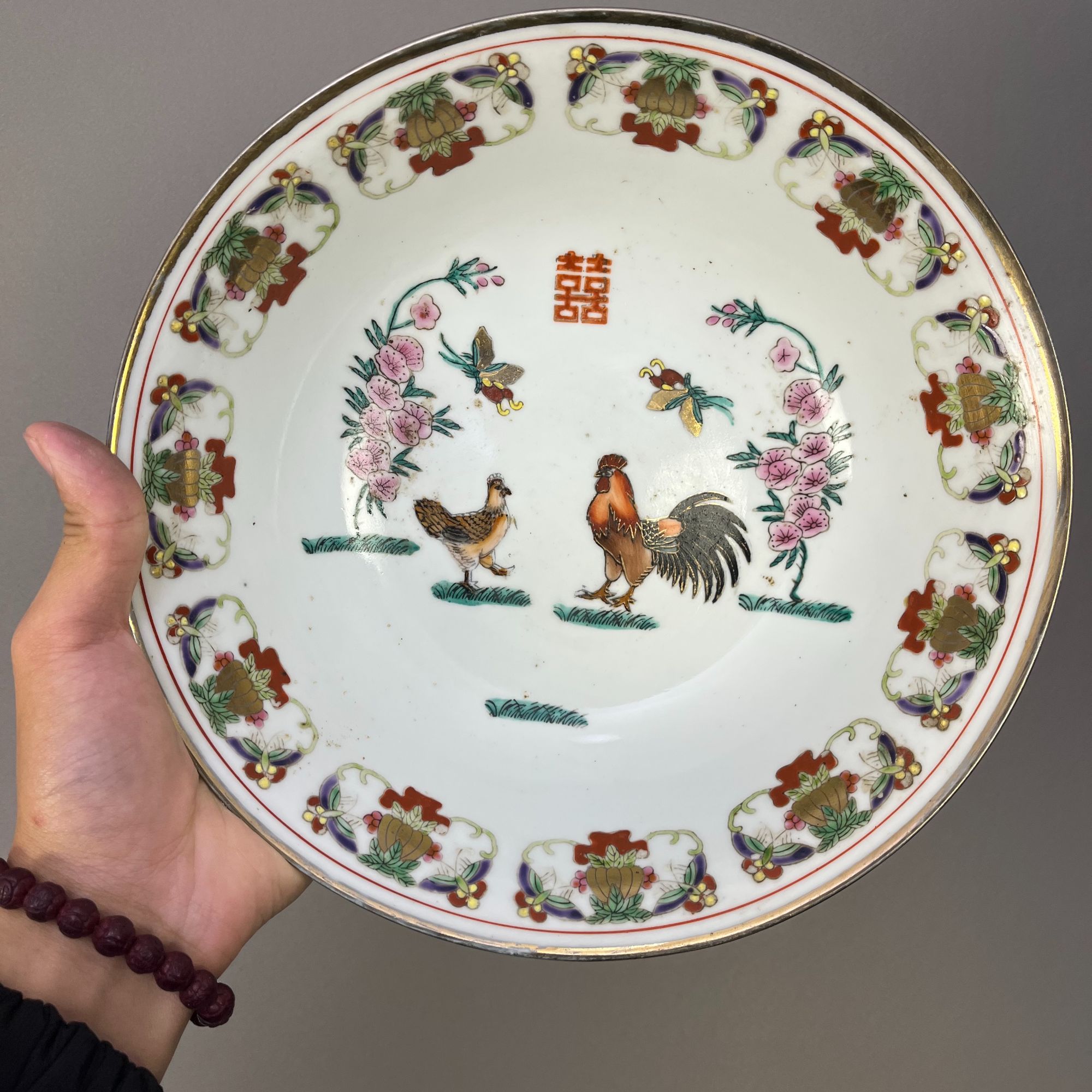 【微瑕慎拍】p58景德镇老厂瓷金鸡报喜大碗