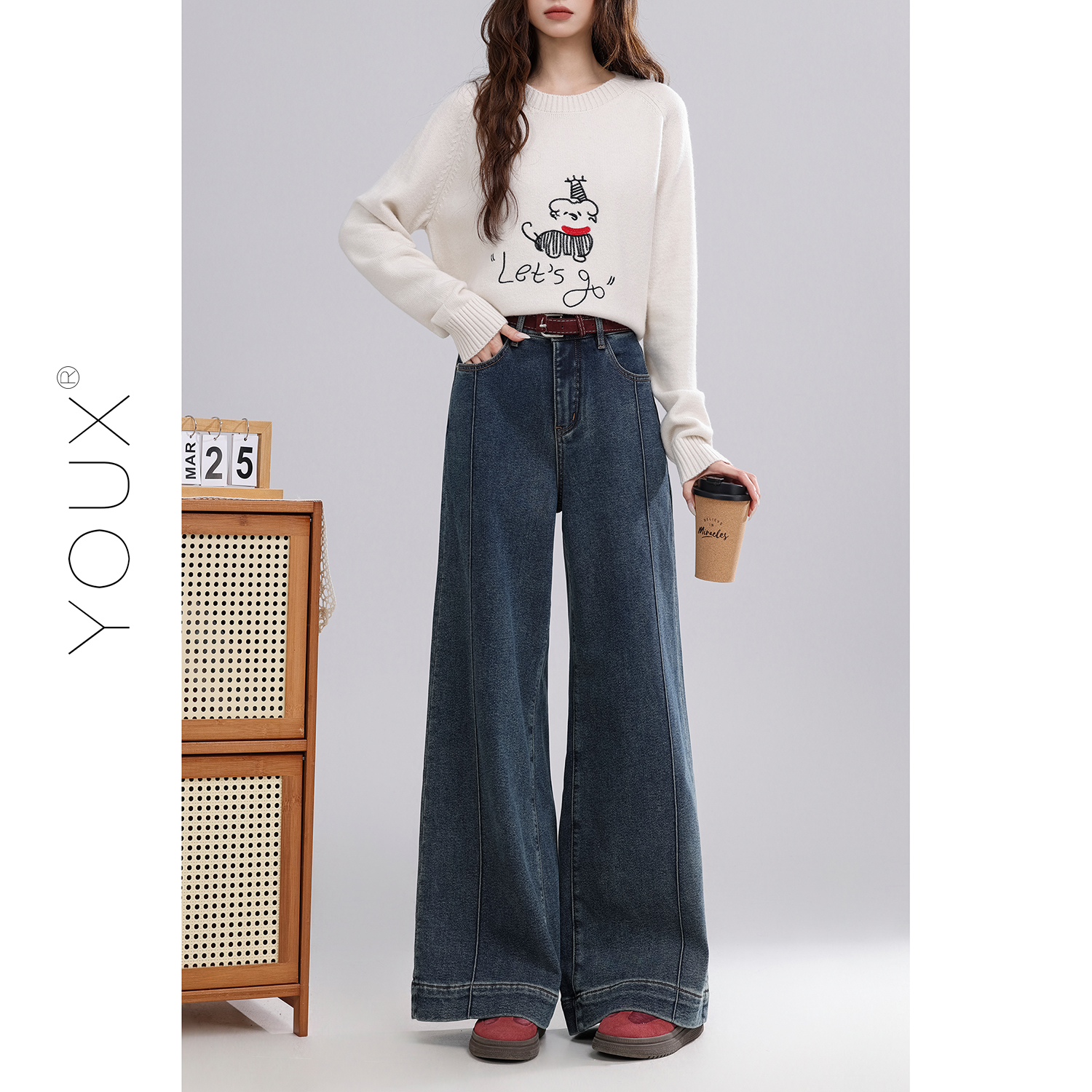 又巷【深蓝软辰】复古阔腿加绒牛仔裤女2025冬季新款休闲保暖长裤