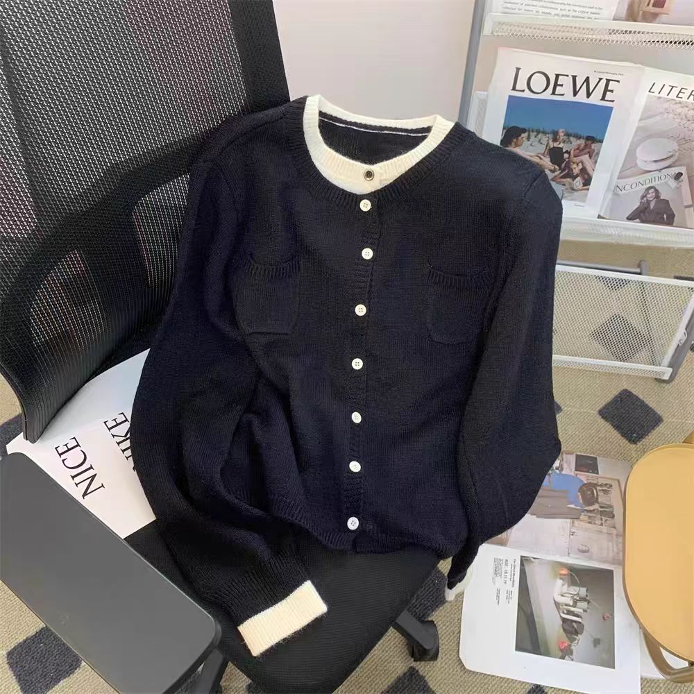 242浪漫 设计感撞色假两件毛衣开衫外套女秋冬小众短款长袖上衣