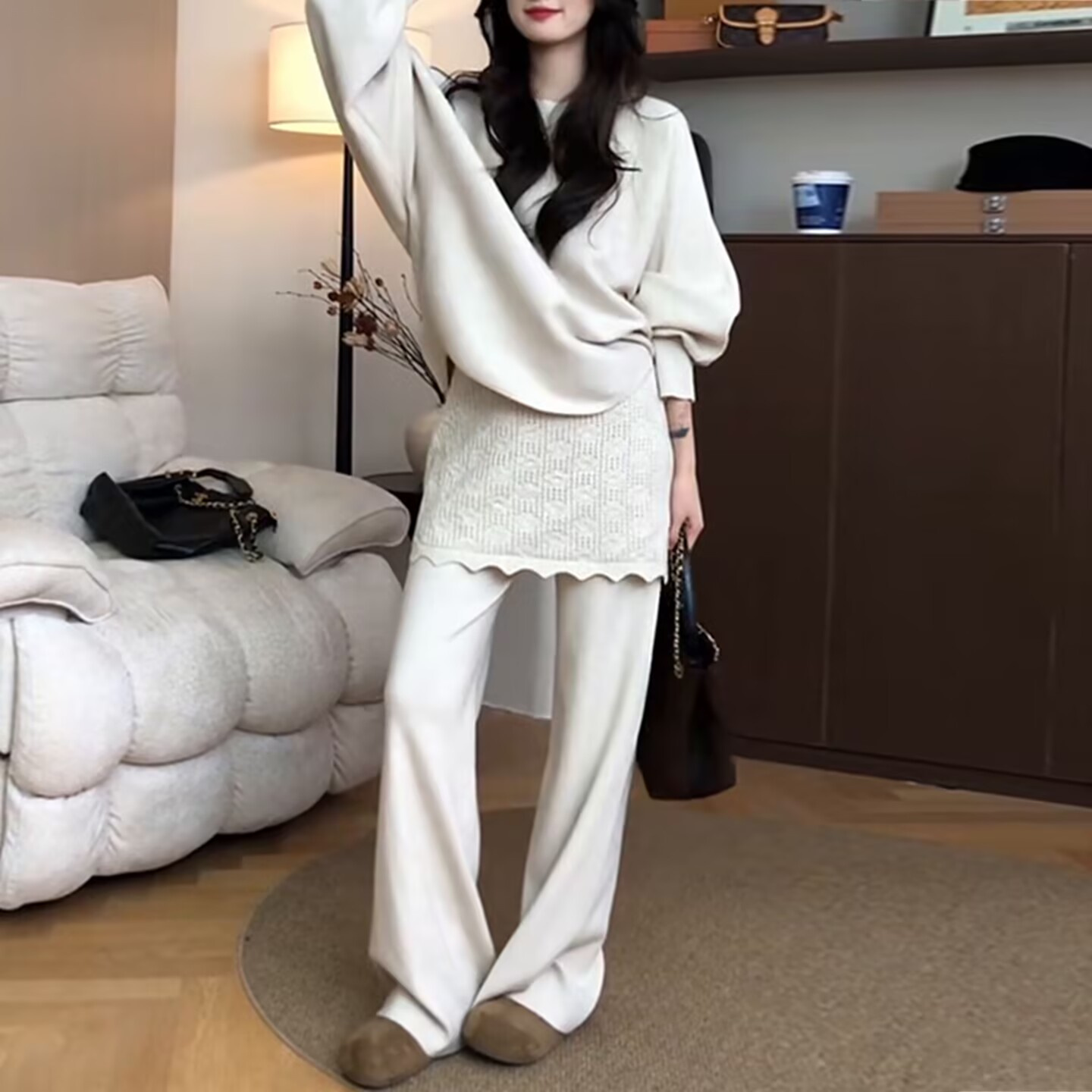 2025冬季新款慵懒风加厚宽松毛衣+蕾丝屁帘阔腿长裤子两件套装女