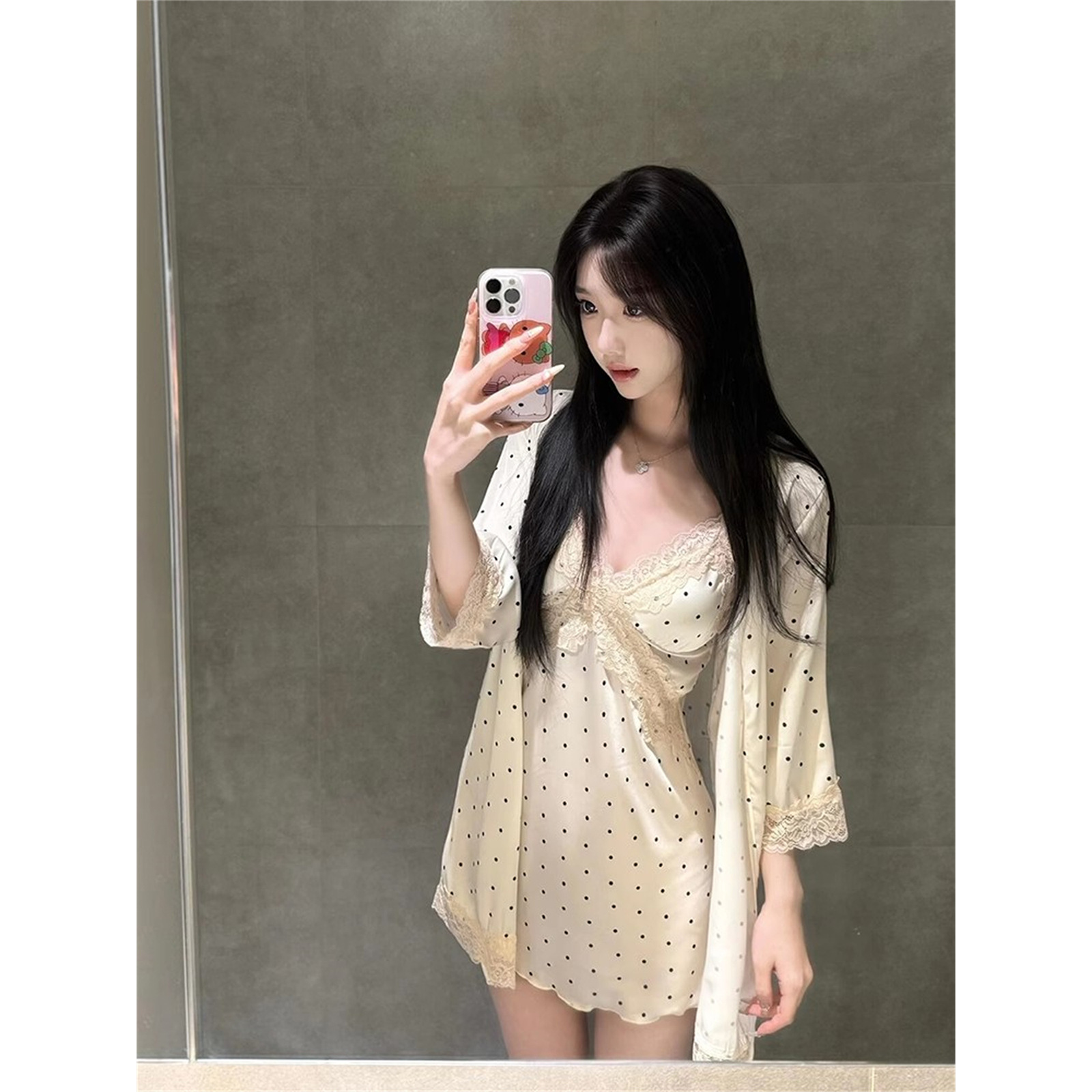 日系纯欲少女吊带冰丝睡裙女春秋2025新款大码家居服波点睡衣套装