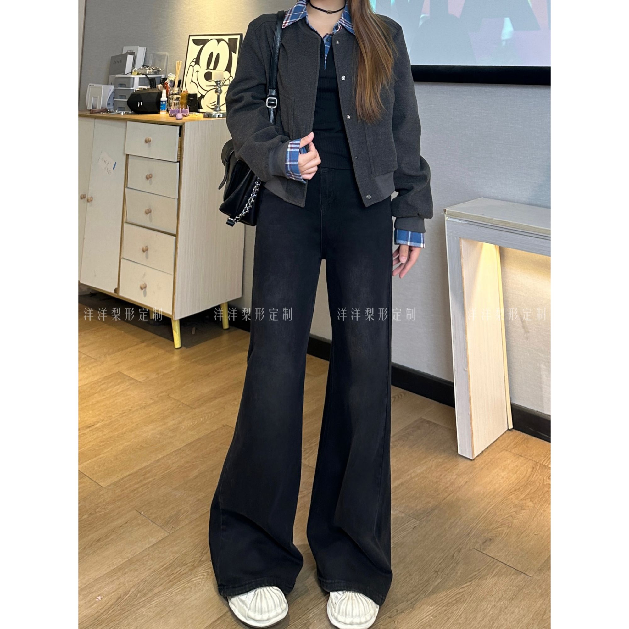 【洋洋专属】大码弹力黑色牛仔裤秋冬季阔腿裤宽松显瘦休闲拖地裤