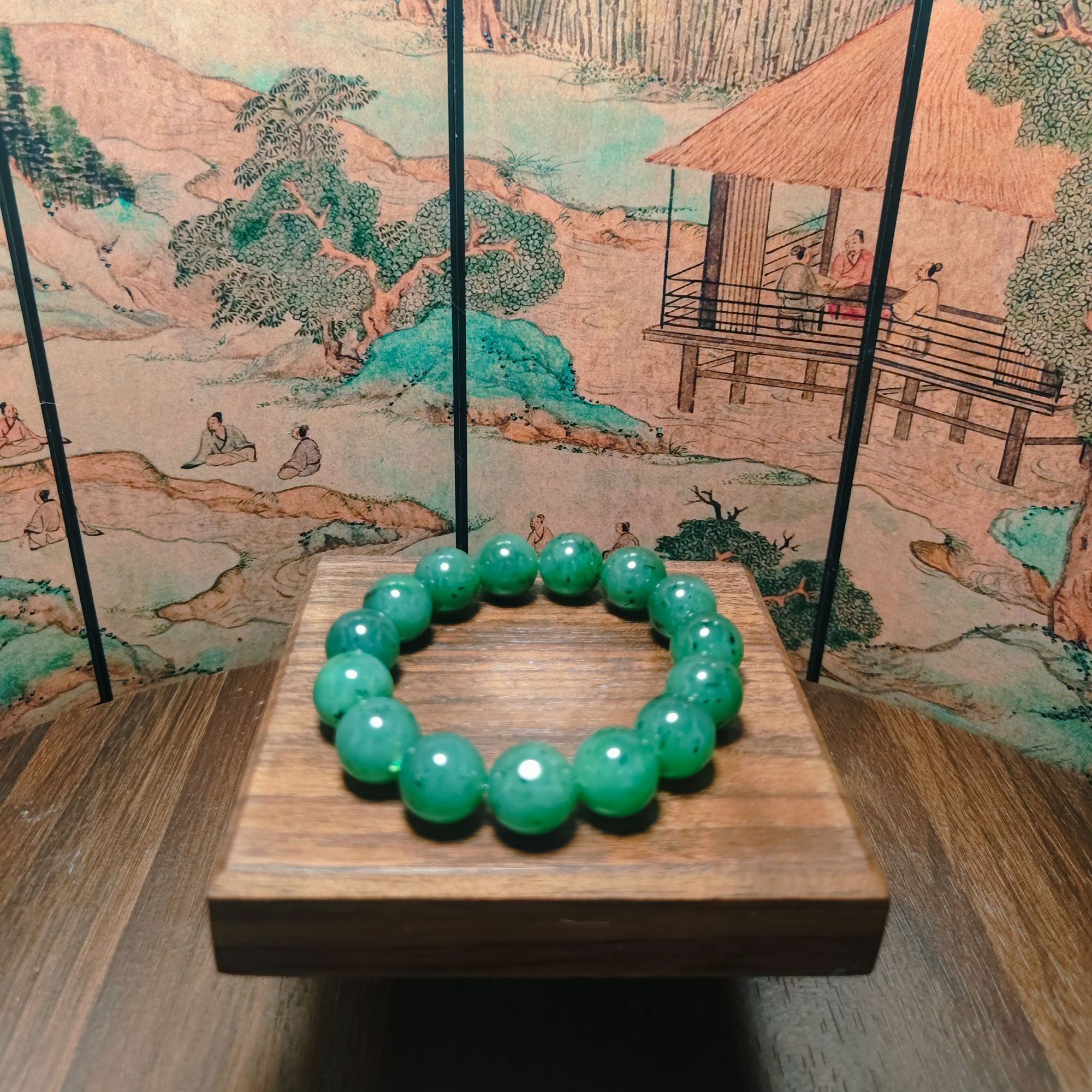 O和田玉碧玉圆珠手串（卡14）2312