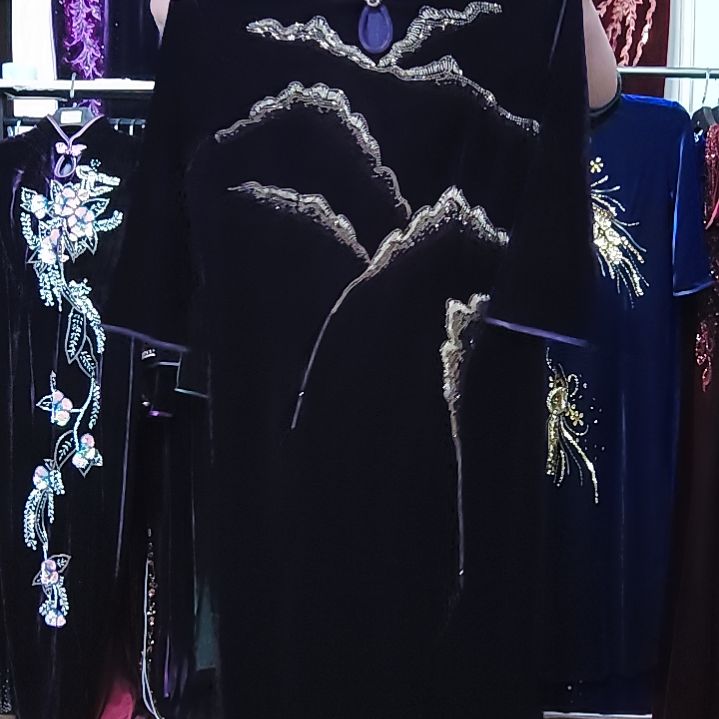 4XL旗袍连衣裙手工穿珠紫色