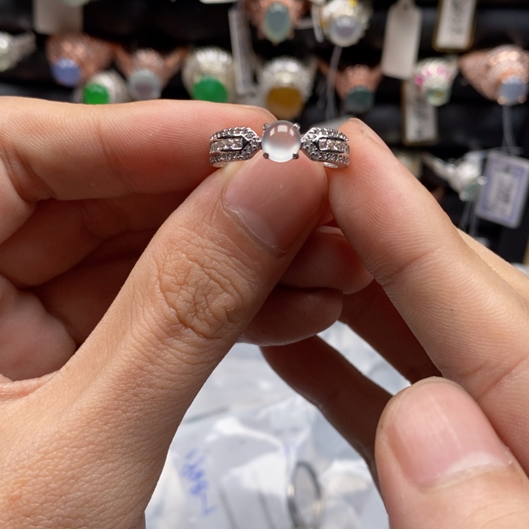 翡翠戒指银S925镶嵌雪*天然缅甸翡翠a货