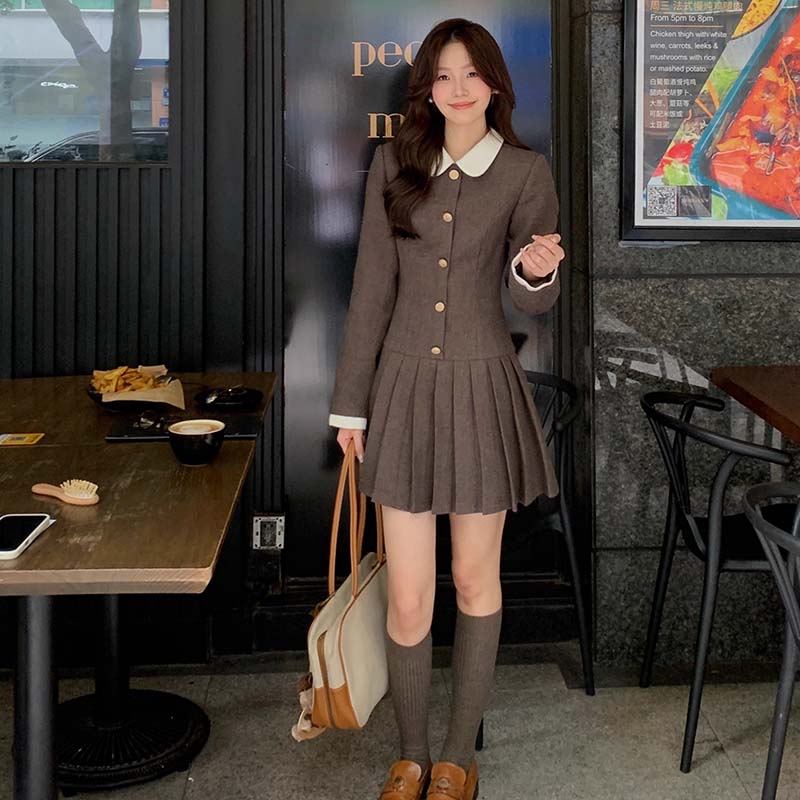 韩系高智感假两件连衣裙女秋冬收腰百褶裙QY0214