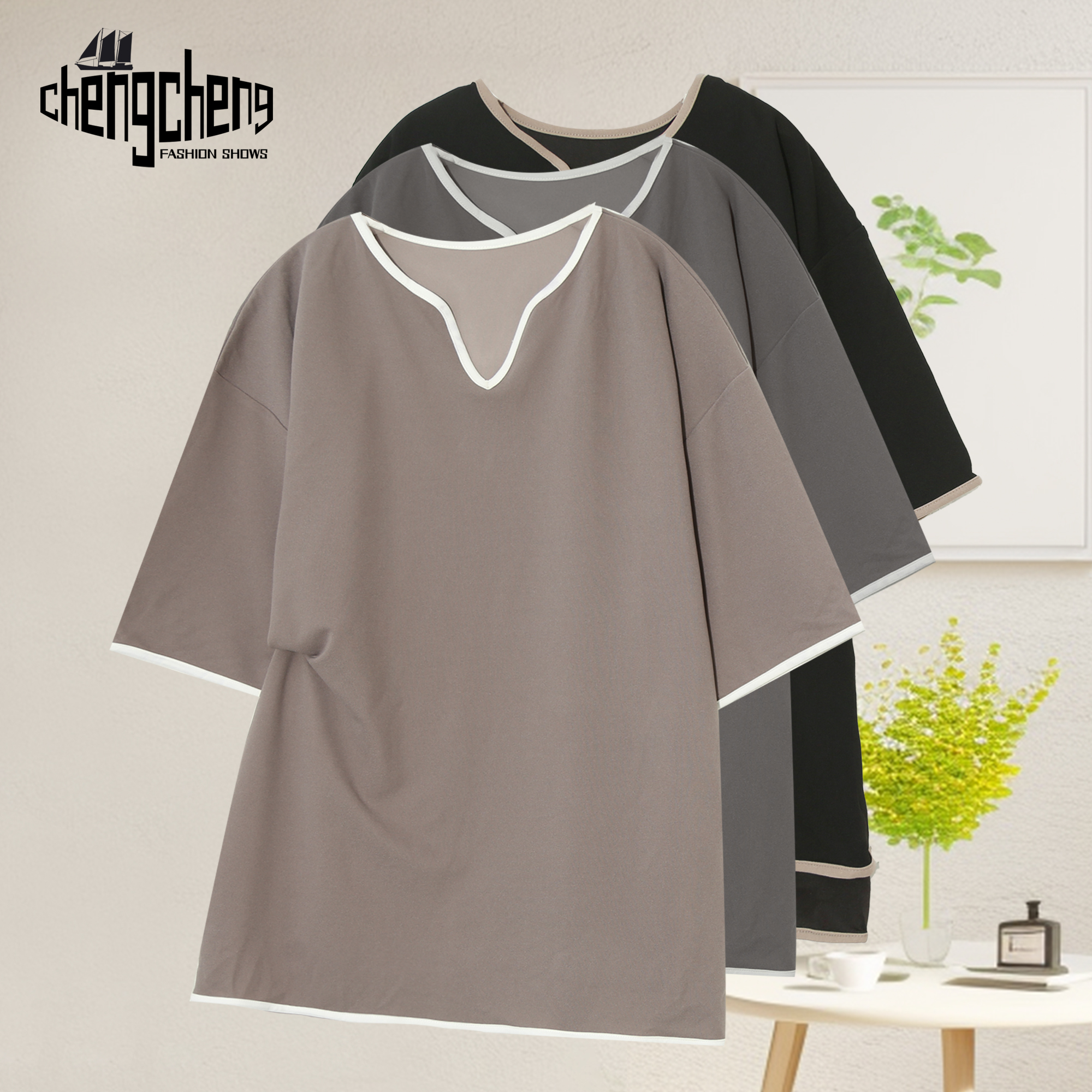 拼接设计感侧开叉中长款夏女宽袖休闲百搭时尚T恤H663(不分包条)