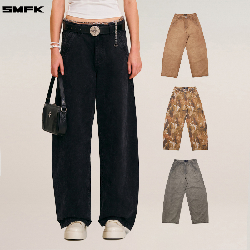 SMFK暴风螺旋弧形工装裤 PWV02B 复古休闲时尚宽松阔腿弯刀裤