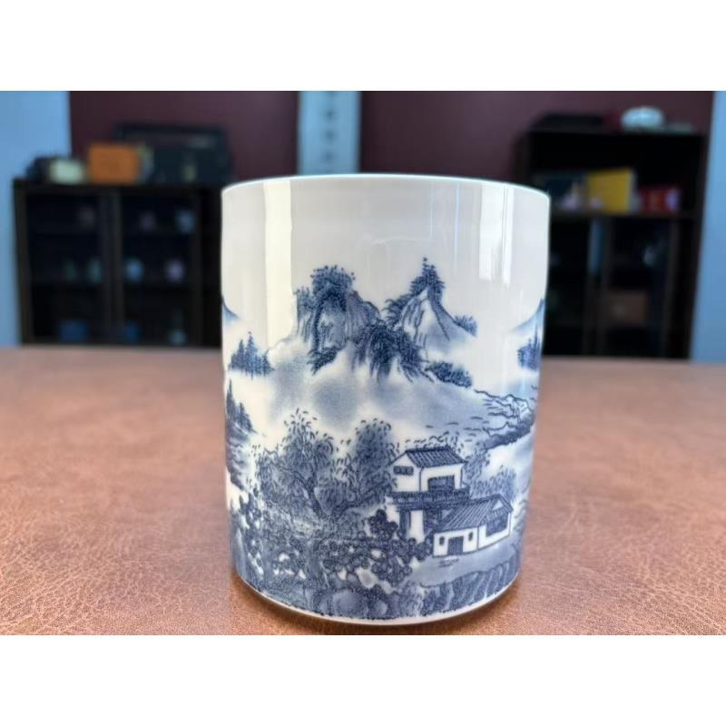 山涧松树直筒青花烟灰缸-6154-直播专享