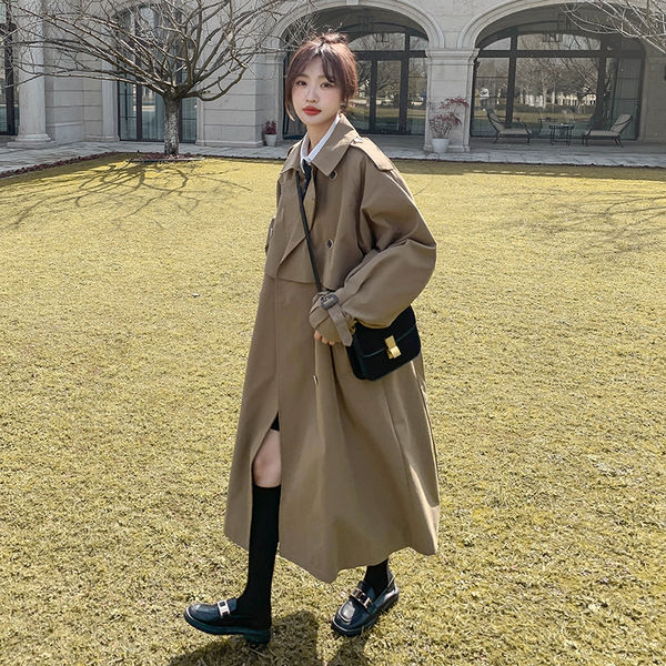 咖色英伦风宽松韩系复古学院风风衣薄款大衣新款长外套秋装