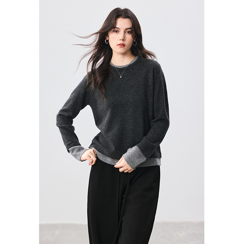 aimue 100%绵羊毛假两件撞色长袖毛衣女打底衫25秋冬新款针织衫