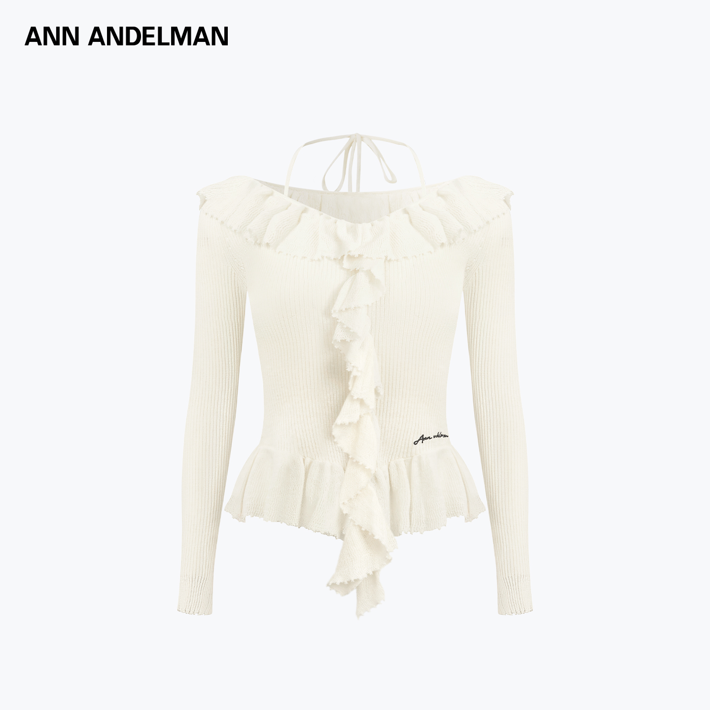 ANN ANDELMAN 25秋冬 时尚设计修身荷叶边一字肩长袖针织开衫