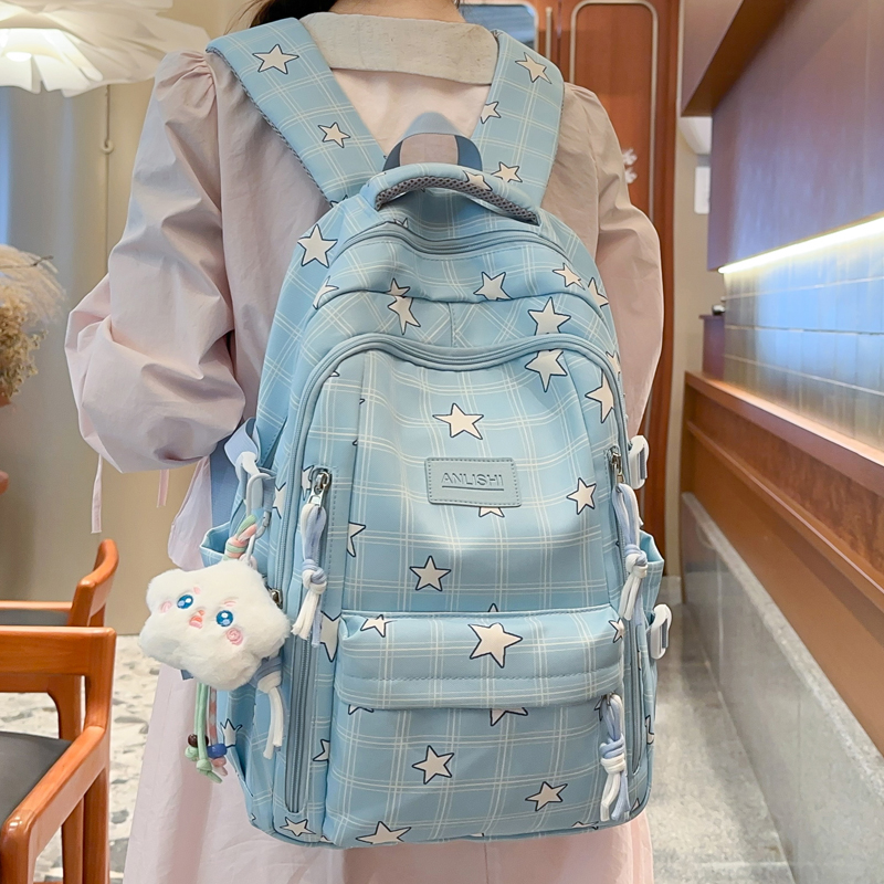 高颜值格子双肩包女星星可爱风休闲背包小学初中大容量书包旅行包