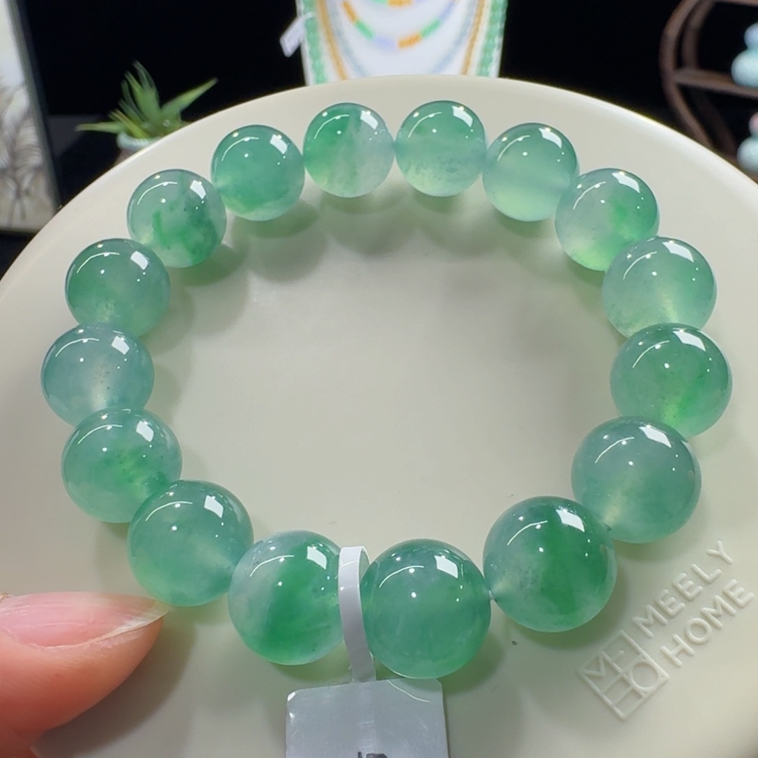未镶嵌手链翡翠吴*高冰木纳飘绿花单圈12.5mm(中款)