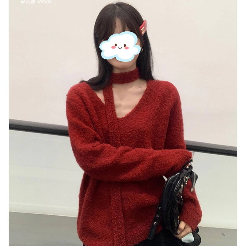 韩系软糯宽松保暖长袖毛衣女春秋慵懒风围脖奶fufu纯欲风显瘦上衣