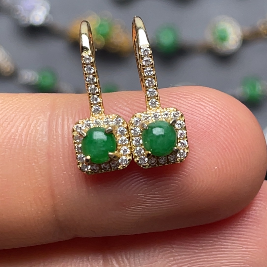 翡翠银S925镶嵌耳饰纯天然缅甸翡翠A货