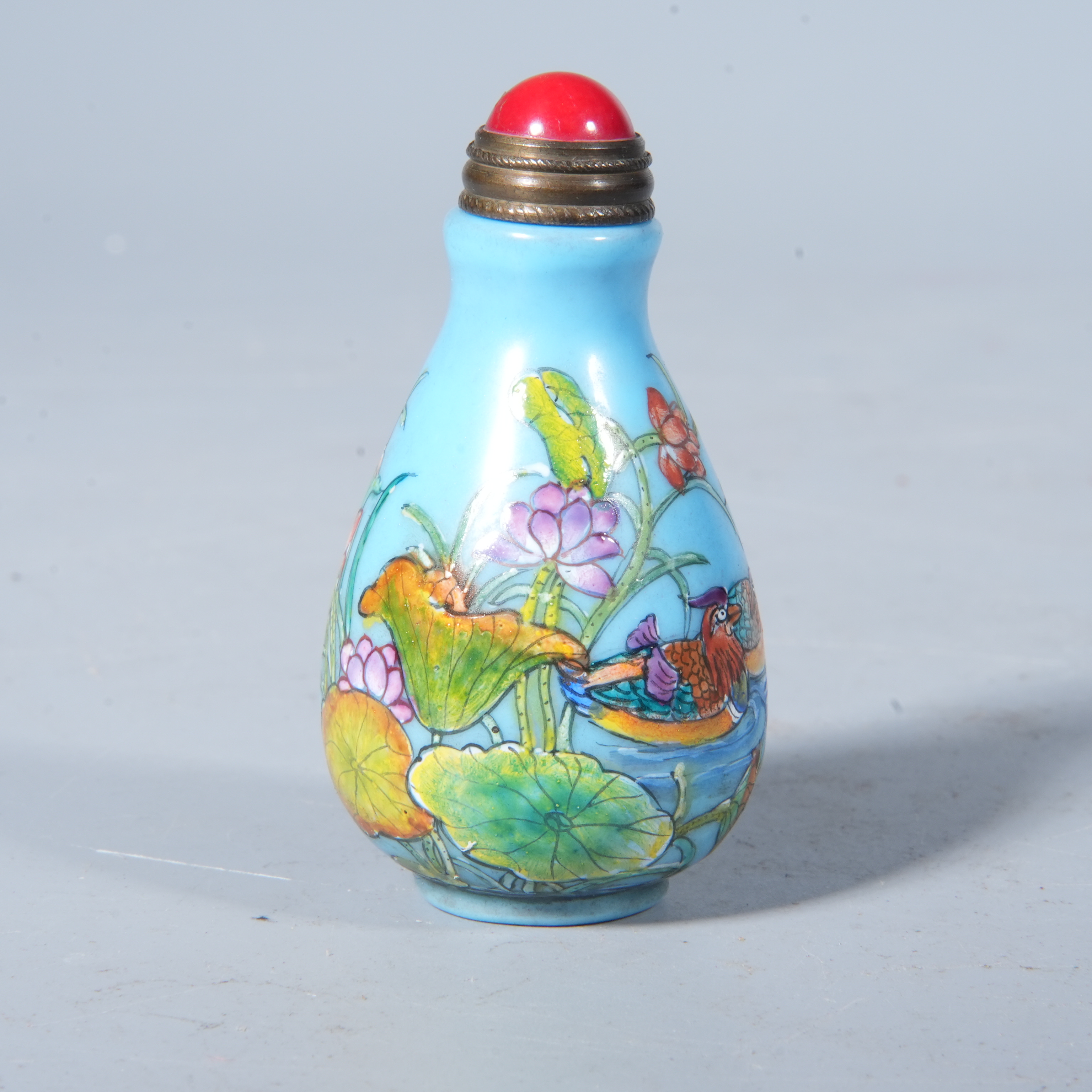 Tgz01 创汇期 料器荷塘鸳鸯鼻烟壶