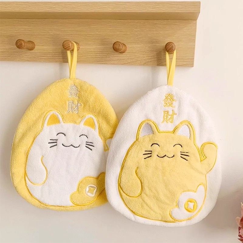 猫咪卡通挂式擦手巾家用超强吸水毛巾卫生间厨房洗手专用冬天加厚