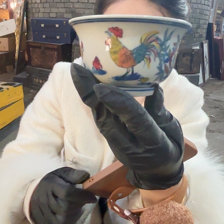 摆件陶景德镇高温陶瓷鸡画片压手杯绿希