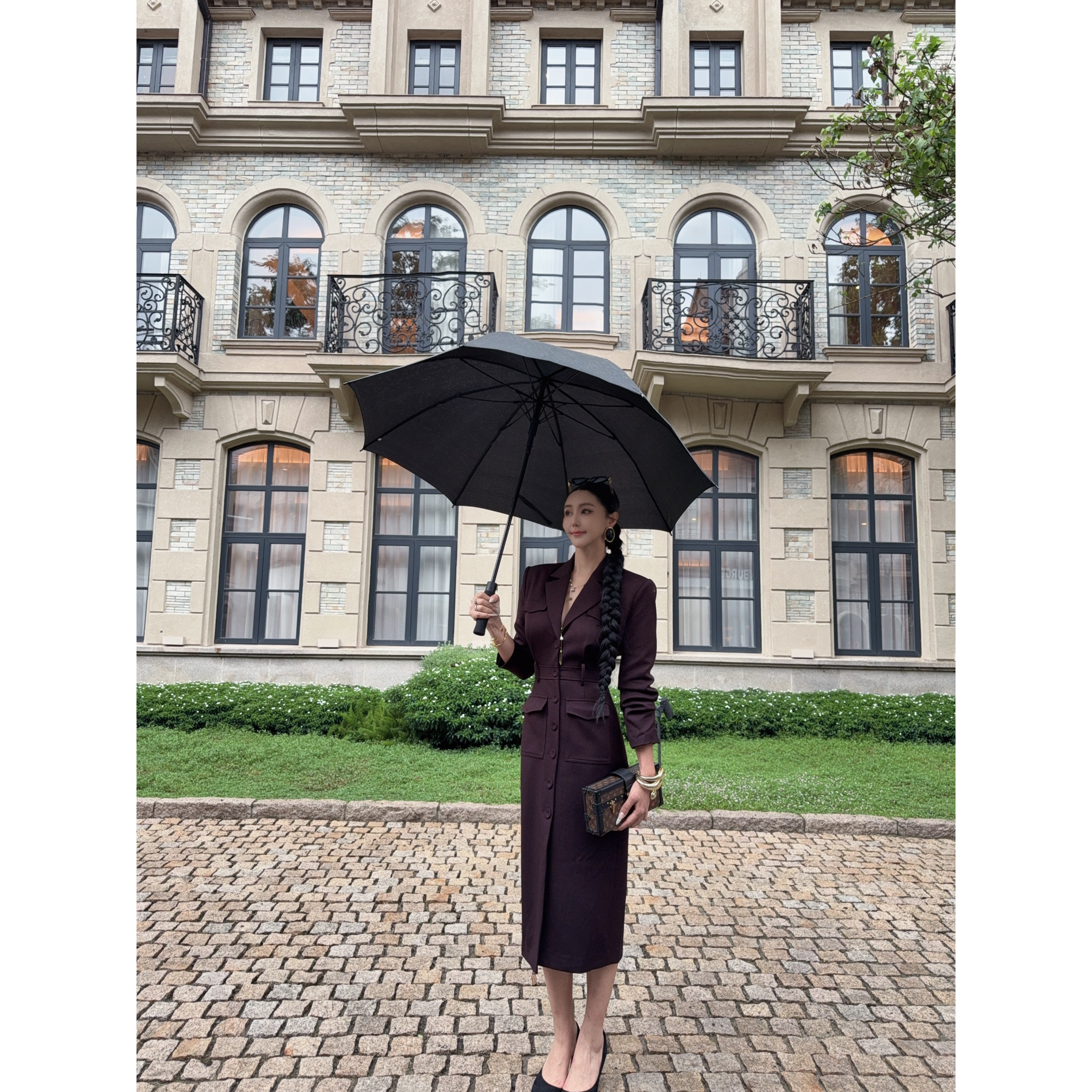 DIYI【千金小姐】黑咖深红色翻领排扣风衣外套WT14091