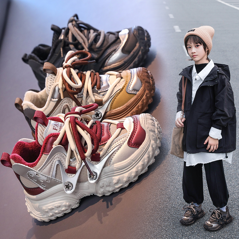 儿童运动鞋冬季新款3-11岁女童鞋子加绒跑步鞋保暖软底男童老爹鞋