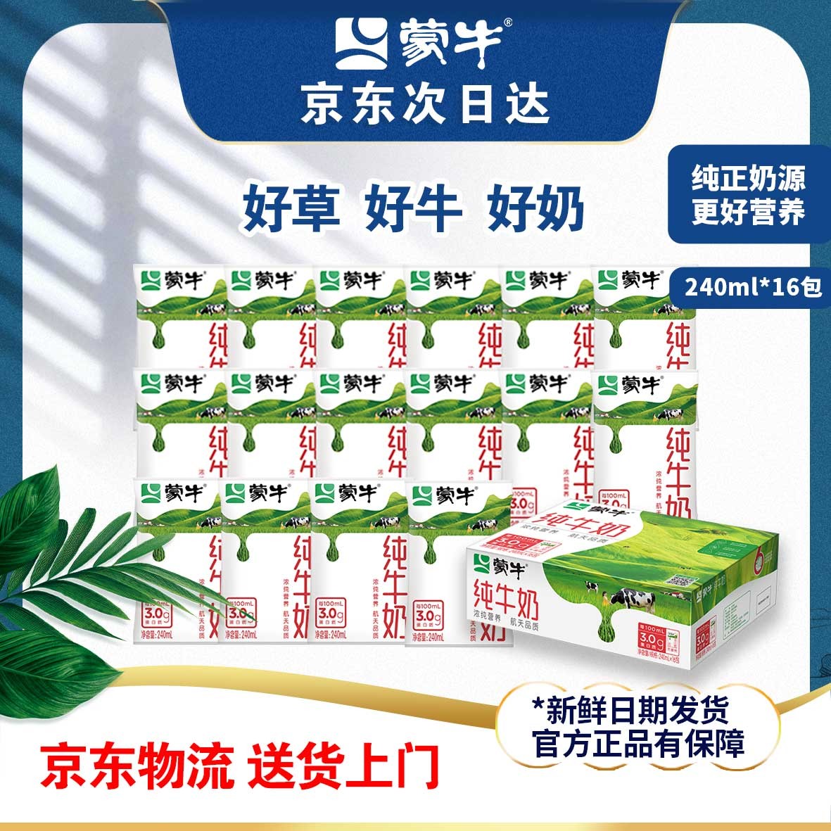 福利8月初蒙牛纯牛奶240ml*16袋利乐枕纯牛奶硬纸袋