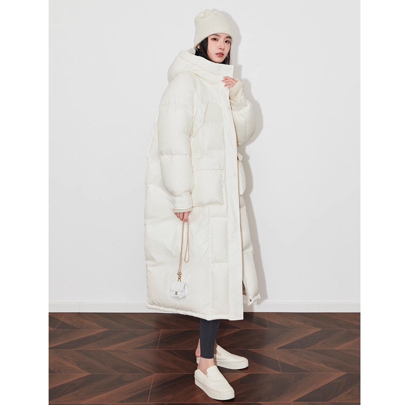 SUK冬季新品白色时尚宽松长款90白鹅绒连帽羽绒服外套女SK3706