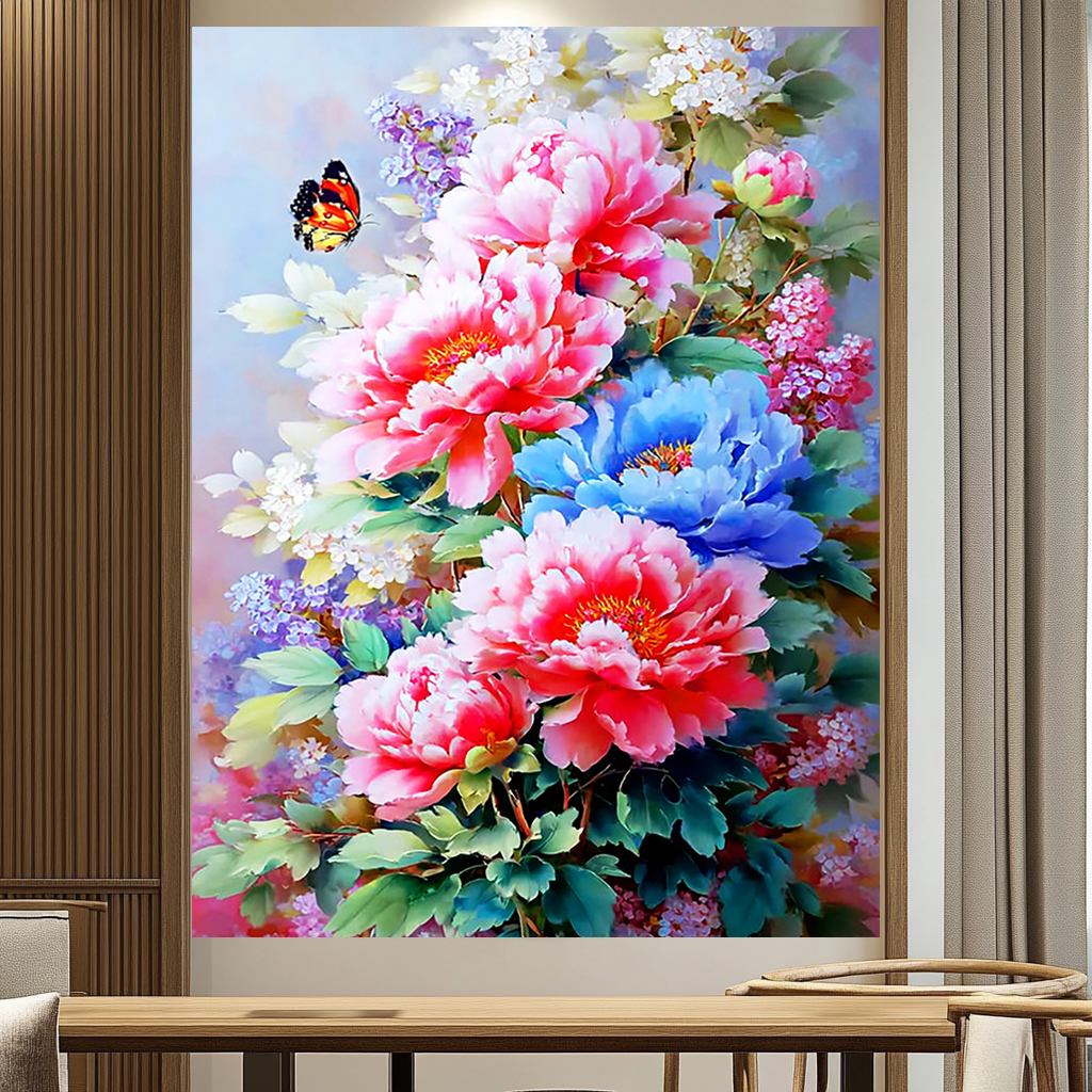 新中式牡丹花十字绣客厅玄关唯美油画风手工刺绣佳作